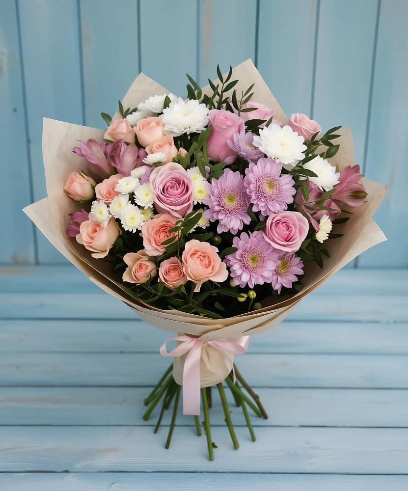 Букет цветов из: Хризантемы, Розы и Альстромерии в Медногорский