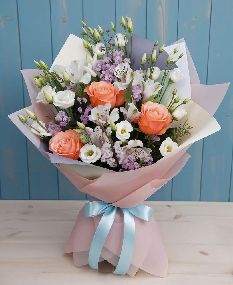 Букет цветов из: Лизиантусы, Розы, Альстромерии и Гипсофила в Медногорский
