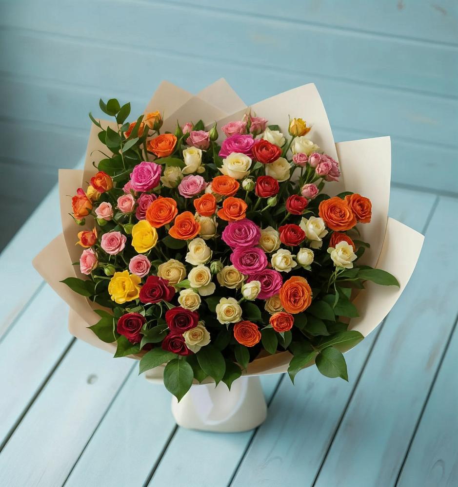 Букет Микс из разноцветных кустовых роз в Медногорский
