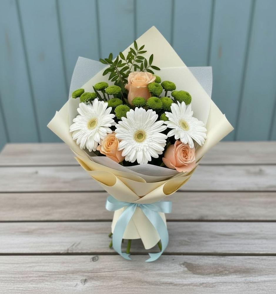 Букет цветов из: Герберы, Розы и Хризантемы в Медногорский