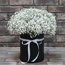 Цветочная композиция из Гипсофила в шляпной коробке в Медногорский