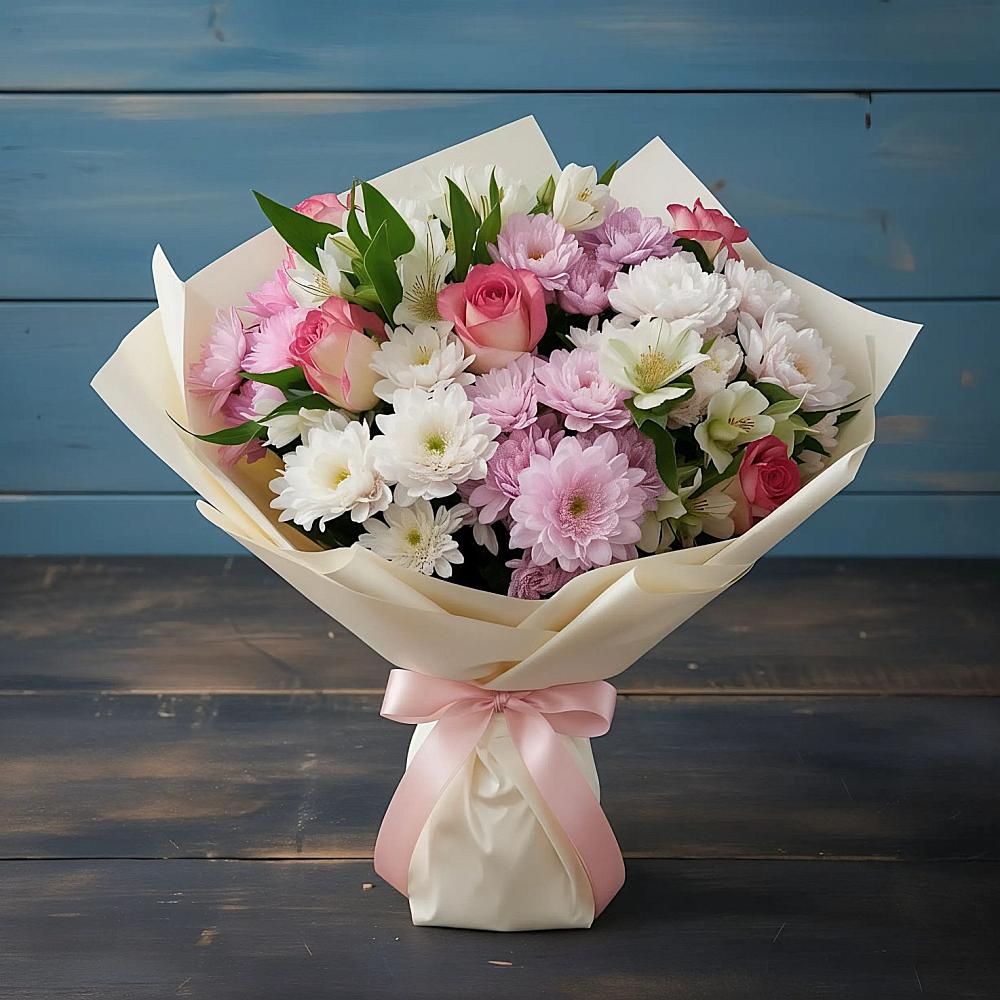 Букет цветов из: Хризантемы, Альстромерии и Розы в Медногорский